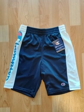Champion Navy and White Mesh Athletic Shorts with Logo
